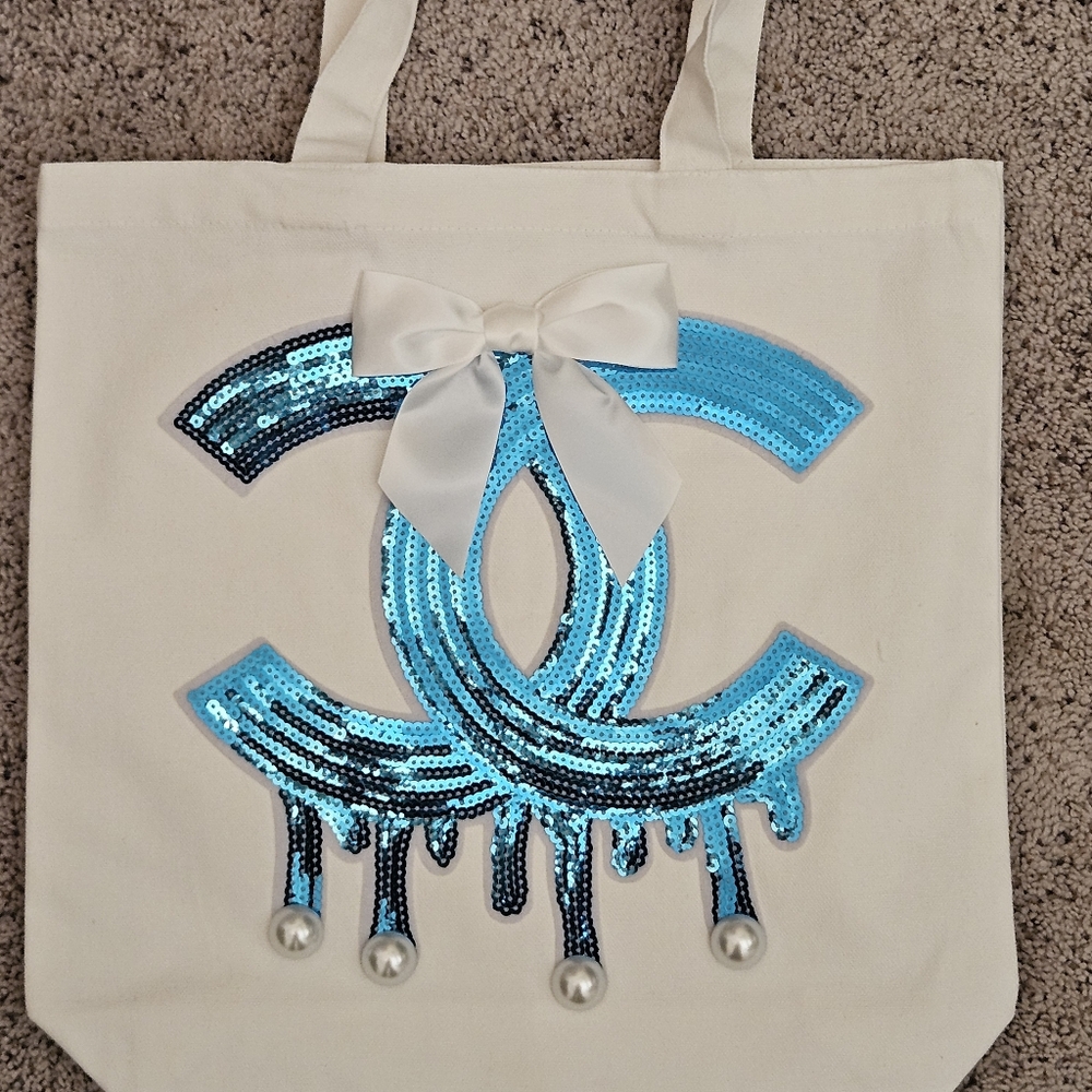 Sequin Accent Cosmetic Tote Bag in Aqua Blue
